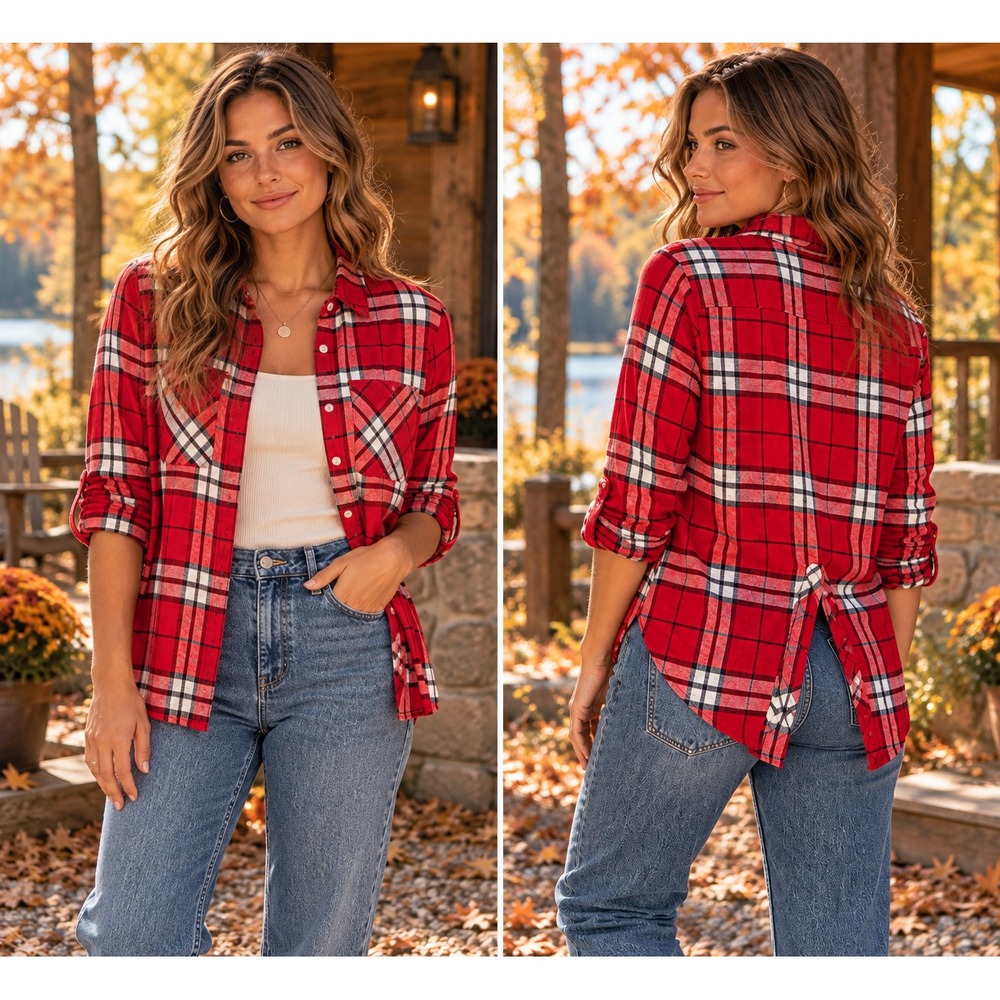 Lucky Brand Plaid Shirt M Red Black Viscose Split Back Grunge Cabincore
